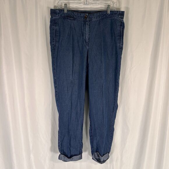 J Jill Denim Pants Women's 12 Medium Wash Blue Button Zip Mid Rise Linen Tencel - Picture 1 of 12